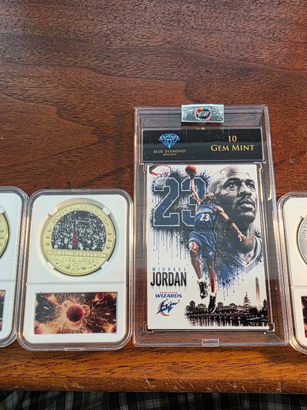 3PCS SLABBED COINS AND 1 GEM MINT CARD ALL MICHAEL JORDAN